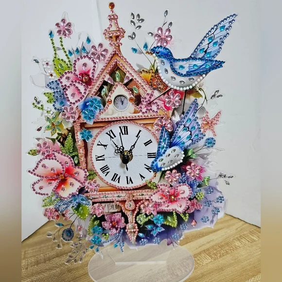 Handmade 5D Diamond Painting Clock Bluebirds Floral Birdhouse Art New 8"x11" - Picture 1 of 5